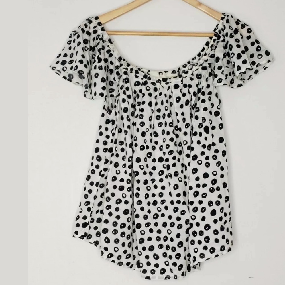 Anthro Maeve Black Open Polka Dot Blouse Sz M NEW